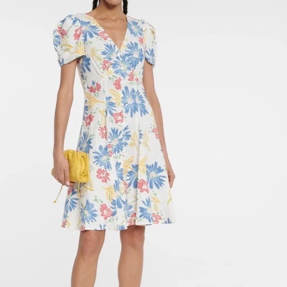 Polo Ralph Lauren Floral Linen Button Front Puff Sleeve Dress White Blue 6 - Picture 2 of 8